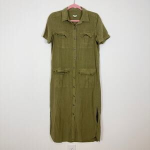 Sundance Harper Button Front Lyocell Midi Dress in Olive Green Size Small Petite